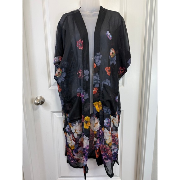 Rachel Zoe Sweaters - Rachel Zoe Black Floral Sheer Duster Cardigan Kimono One Size Boho Festival Chic